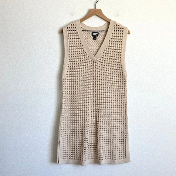 Lands' End Boho Beige Crochet Open Knit V-Neck Sweater Tunic S Coastal Chic Airy - Picture 2 of 9
